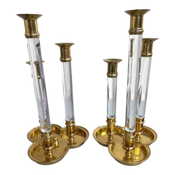 Ethan Allen 2 Vintage Lucite Brass Graduated Candle Holder Pair MCM Modernist - Picture 1 of 8